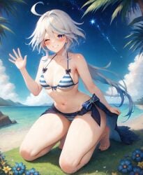 1girls ahoge ai_generated aimoonshine alternate_costume bare_arms bare_legs bare_shoulders barefoot barefoot_on_grass beach bikini blue_bikini blue_flower blue_hair blush breasts cleavage collarbone female female_only flower full_body furina_(genshin_impact) genshin_impact grass grin halterneck hand_up kneeling long_hair looking_at_viewer medium_breasts mihoyo multicolored_hair navel night ocean one_eye_closed outdoors purple_eyes sarong sky smile solo starry_sky stomach streaked_hair string_bikini striped striped_bikini swimsuit thighs two-tone_hair very_long_hair white_hair