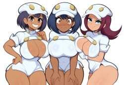 3girls aether_foundation aether_foundation_employee aether_foundation_employee_(female) ai_generated black_hair brown_hair brown_hair cleavage cleavage_cutout dark-skinned_female dark_skin grin large_breasts mullon nervous novelai peace_sign pokemon pokemon_sm thick_thighs trio