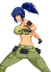 1girls ass back back_view big_breasts blue_eyes blue_hair breasts clothed earrings female from_behind gloves hips king_of_fighters legs legs_apart leona_heidern light-skinned_female light_skin long_hair looking_back military military_clothing military_uniform nipple_bulge open_legs pockets spread_legs tank_top tied_hair