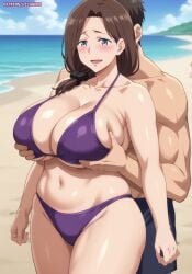 1boy 1girl ai-chan's_mother_(tawawa) ai_generated beach bikini blue_eyes blush brown_hair cleavage female getsuyoubi_no_tawawa grabbing_breasts grabbing_from_behind groping huge_breasts large_breasts legs mature_female milf mother muscular_male navel ocean sand scrunchie seductive shy smile solo stable_diffusion sunset swimsuit thick_thighs vizagege wide_hips