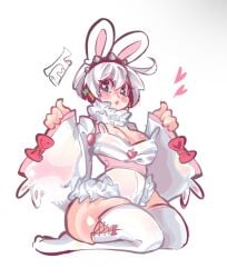 blue_eyes cleavage elphelt_valentine guilty_gear guilty_gear_strive large_breasts looking_at_viewer plutonium_(artist) thick_thighs white_hair