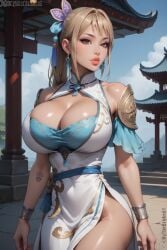 1girls ai_generated alternate_angle alternate_version_at_source big_breasts blonde_hair brown_eyes bythebrokenone cleavage curvaceous dress dress_slit dynasty_warriors earrings exposed_thighs female female_only large_breasts light_skin looking_at_viewer ponytail shoulder_pads standing thighs voluptuous voluptuous_female wang_yuanji