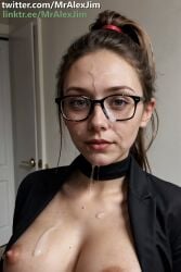 ai_generated celebrity cum cum_on_face cum_on_glasses elizabeth_olsen facial facial_cumshot glasses secretary