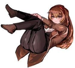 1girl brown_eyes brown_hair brown_jacket clothed_female cute cute_face cute_female cute_girl female female_focus female_only hairband library_of_ruina lobotomy_corporation malkuth_(lobotomy_corporation) morchkins project_moon smug white_background