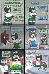 1boy 2girls after_sex big_breasts cleavage comic crying defibrillator doctorloops electricity female funny humor limp_penis male misunderstanding mona_(doctorloops) mourning nurse nurse_cap text veronica_(doctorloops)