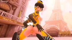 1girls 3d anal anal_object_insertion ass b.va breasts brown_eyes brown_hair buttplug d.va female female_only jewel_buttplug jewel_plug looking_back masturbation overwatch paris_(map) princess_plug pussy solo thordayo