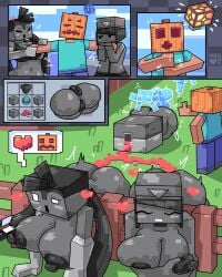 2girls allay_(minecraft) comic dispenser_(minecraft) fighting_over_boy minecraft observer_(minecraft) smalldom steve_(minecraft) stuck_in_wall tmogumi wormhole