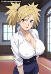 ai_generated aindroidparanoid big_breasts blonde_hair boruto:_naruto_next_generations breasts buns female female_only green_eyes huge_breasts indoors large_breasts lips lipstick mature mature_female mature_woman milf miniskirt mommy narrow_waist naruto naruto_(classic) naruto_(series) ninja nipples office office_lady parted_lips shirt short_hair skirt slim_waist spiked_hair stable_diffusion taller_girl temari