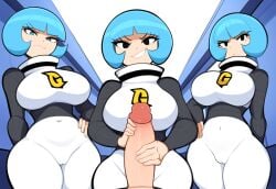 1boy 3girls adapted_costume ai_generated blue_hair bob_cut bodysuit cameltoe caught curvy dat_ass erection evil frown handjob imminent_rape imminent_sex large_breasts looking_at_viewer mullon novelai penis pokemon pokemon_dppt pov smile straight team_galactic team_galactic_grunt_(female) team_galactic_uniform voluptuous wide_hips