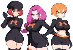 3girls ai_generated curvy evil frown grin large_breasts looking_at_viewer mullon novelai orange_hair pokemon pokemon_frlg red_hair team_rocket team_rocket_grunt team_rocket_grunt_(female) team_rocket_uniform trio wide_hips