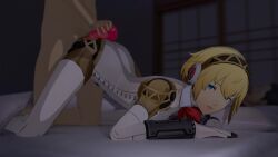 1080p 1080x1920 1920x1080 1boy aigis_(persona) all_fours animated ass bed blonde_hair blue_eyes doggy_style from_behind human_on_robot junpei_iori lazyprocrastinator makoto_yuki no_sound onahole penis persona persona_3 persona_3_reload robot robot_girl short_hair sleeping tagme video