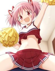 blush cheerleader_uniform crop_top madoka_kaname mahou_shoujo_madoka_magica pink_eyes pink_hair skirt smiling