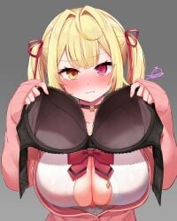 blonde_hair blush bra breasts cardigan cleavage festa11307070 grey_background heterochromia hoshikawa_sara huge_breasts long_hair nijisanji open_cardigan open_clothes pink_cardigan red_eyes shirt twintails underwear upper_body variant_set virtual_youtuber white_shirt yellow_eyes