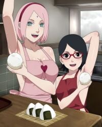 2girls adult adult_and_teenager age_difference ai_generated almost_naked apron apron_only arm_behind_back arm_behind_head armpit_fetish armpits black_eyes black_hair blush boruto:_naruto_next_generations breasts cleavage curvaceous curvy curvy_figure female female_only food food_play functionally_nude functionally_nude_female glasses green_eyes hairband haruno_sakura high_resolution indoors japanese_food kitchen long_hair looking_at_viewer mature mature_female milf mostly_nude mother_and_daughter multiple_girls nai_diffusion naked_apron naruto naruto_(series) older_female older_woman_and_younger_girl onigiri partially_clothed petite petite_body petite_female pink_apron pink_hair red_apron rice_ball sakura_haruno sarada_uchiha shoulder_length_hair solo solo_focus stable_diffusion teenage_girl teenager uchiha_sarada upper_body wide_hips younger_female