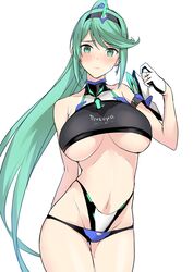 1girls absurdres armlet bangs bare_shoulders bikini black_bikini black_gloves blush breasts breasts_apart cowboy_shot earrings eyebrows_visible_through_hair frown gloves green_eyes green_hair hairband halcon half_gloves harukon_(halcon) highres horn jewelry layered_bikini light-skinned_female light_skin long_hair looking_at_viewer navel nintendo partly_fingerless_gloves pneuma_(xenoblade) ponytail pose shy simple_background solo solo_female spoilers standing swept_bangs swimsuit underboob very_long_hair white_background xenoblade_(series) xenoblade_chronicles_2