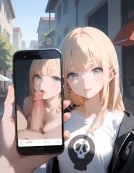 ai_generated blonde_hair blowjob juxtaposition looking_at_viewer phone_screen photo_(object) photo_comparison photographic_proof pov ruined_reputation