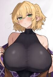 1girls alternate_breast_size annoyed big_breasts blonde_female blonde_hair breast_focus breasts_bigger_than_head embarrassed female green_eyes green_nails huge_breasts light-skinned_female light_skin looking_away mizuhashi_parsee moriforest1040 open_clothes parsee_mizuhashi pointy_ears shoulders solo taking_clothes_off tight_clothing touhou undressing upper_body