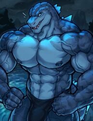 2024 abs absurd_res anthro areola barazoku biceps big_bulge big_muscles bulge clothed clothing cloud deltoids detailed_background emanata flexing godzilla godzilla_(series) hi_res huge_bulge huge_muscles kaiju male manly mixterart monster mountain muscular muscular_anthro muscular_male navel night nipples non-mammal_nipples obliques outside pecs reptile scales scalie serratus sky smile solo speedo standing swimwear teeth thick_arms toho topless topless_anthro topless_male vein veiny_muscles water