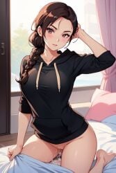 after_sex ai_generated black_hair braided_hair braided_ponytail cum_dripping_out_of_pussy cum_in_pussy hoodie looking_at_viewer mythrafan65 original original_character ponytail sitting_on_bed