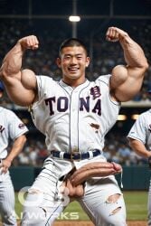 1boy 2024 ai_generated asian asian_male balls bara baseball_uniform big_penis buzz_cut cum cum_drip cum_dripping flexing flexing_biceps flexing_muscles gay hairy_legs hyper_muscles hyper_penis male male_only muscular muscular_male ob_aiworks penis public public_exposure public_nudity realistic ripped_clothing watermark yaoi