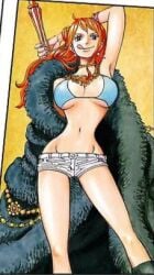 artist_request big_breasts bikini cape earrings fanservice female female_only hourglass_figure jewelry licking_lips long_hair lowres nami nami_(one_piece) navel no_panties official_art one_piece orange_hair pearl_earrings pirate pose revealing_clothes seductive short_shorts slim_waist tongue_out