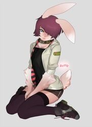 ambiguous_gender anthro blue_eyes bunny bunny_boy bunny_ears collar cute femboy furry girly hoodie jacket looking_at_viewer no_humans red_hair shorts suggestive suggestive_posing suto thighhighs