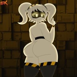 1girls 2d 2d_(artwork) ass_focus big_ass female female_only glitch_productions j_(murder_drones) murder_drones naked no_clothes ponytails robot robot_girl robot_humanoid samkvevo screen_face solo thick_thighs white_body white_hair yellow_eyes