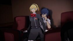 1080p 1080x1920 1920x1080 1boy 1girls aigis_(persona) ambiguous_penetration animated blonde_hair blue_eyes blue_hair bowtie clothed_female clothed_sex femdom fully_clothed fully_clothed_female lazyprocrastinator makoto_yuki malesub no_sound on_top persona persona_3 persona_3_reload public_sex red_bowtie reverse_cowgirl_position robot robot_girl school_uniform sex short_hair shorter_than_30_seconds sitting sitting_on_lap stealth_sex tagme theater video