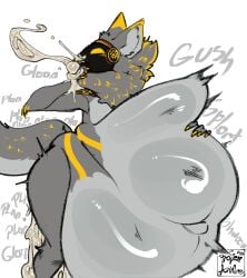 2024 anthro ass belly big_belly blonde_highlights bodily_fluids covering covering_mouth cum cum_drip cum_in_mouth cum_inflation cum_inside cum_overflow cum_overflowing cum_through cum_vomit cumflation digital_media_(artwork) dripping english_text excessive_cum expansion female frozenartifice fur furry genital_fluids grey_body grey_fur hair hi_res highlights_(coloring) inflation machine mammal markings navel nude overweight protogen protogen_visor simple_background sound_effects tail text thick_thighs vomiting_cum wide_hips yellow_eyes yellow_markings