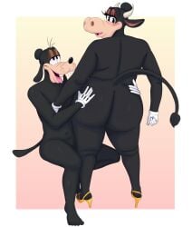 absurd_res anthro ass bedroom_eyes big_butt blush boolishclara bovid bovine canid canine canis cattle clarabelle_cow clothing disney domestic_dog female footwear goofy_(disney) hand_on_butt hi_res high_heels male mammal narrowed_eyes pose seductive shoes smile thick_thighs