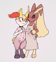 ambiguous_gender animal_genitalia animal_pussy anthro apron apron_only blush bodily_fluids body_writing brai_(slowderpyguy) braixen butcher canine_genitalia canine_pussy clothing digitigrade dotted_line duo female generation_4_pokemon generation_6_pokemon genital_fluids genitals hi_res lopunny marker multi_nipple navel nintendo nipples nude paws pleading_eyes pokemon pokemon_(species) pussy shaved_body shaved_pussy simple_background slightly_chubby slowderpyguy snuff steak_knife sweat sweatdrop teats thick_thighs vaginal_fluids