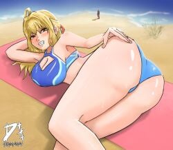 ass ass_focus beach beach_towel bikini blush booty dplusplusplus fiora_(xenoblade) giantess ocean seaside shulk_(xenoblade) smiling smiling_at_viewer sweat xenoblade_(series)