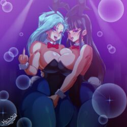 2girls bangs black_eyes black_hair blue_eyes blue_hair blush bowtie bulma_briefs bunny_ears bunnysuit chichi dragon_ball dragon_ball_super dragon_ball_z duo earrings huge_breasts long_hair middle_finger nexxa nexxart thick_thighs tongue_out wide_hips