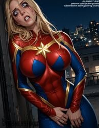 ai-created ai_generated blonde_hair blue_eyes bodysuit breasts building captain_marvel carol_danvers city clenched_teeth clothing covered_navel english_language female female female_only jousneystudio large_breasts lips long_hair looking_at_viewer marvel marvel_cinematic_universe marvel_comics night outdoors sky solo spider-man_(series) supergirl superhero superheroine superman_(series) teeth text