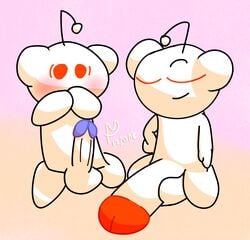 2018 2boys antennae big_penis blush closed_eyes comparison flaccid gradient_background huge_cock humanoid_penis hyper hyper_penis male male_only mascot penis pmcapture presenting reddit simple_background snoo surprise take_your_pick yaoi