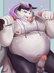 balls barmaku behemoth_(tokyo_afterschool_summoners) belly big_belly clothing cum cum_on_face doughnut erection food fur furry gay hair handjob hoodie horn humanoid_penis male male/male male_only monster moobs navel nipples overweight penis purple_hair sex tokyo_afterschool_summoners video_games white_fur yaoi