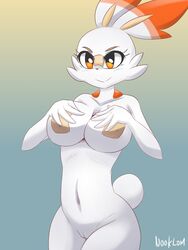 1girls anthro anthrofied breasts female furry hi_res lagomorph mammal navel nintendo nook-lom pokémon_(species) pokemon pokemon_ss pokemorph portrait pussy scorbunny signature smile solo text thick_thighs three-quarter_portrait video_games watermark wide_hips