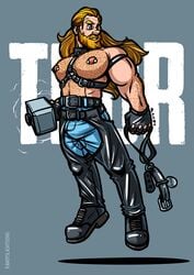 1boy artist_name asgardian bara barbell_piercing bdsm_gear beard belt big_breasts big_nipples blonde_hair blue_eyes body_hair chaps chest_hair clothed collar facial_hair fingerless_gloves floating hairy_armpits hairy_arms hairy_chest hairy_male hairy_stomach half_dressed hammer harness human human_only jeans leash leather_pants light-skinned_male light_skin long_hair_male male male_nipples male_only manly marvel marvel_comics mature_male mjolnir moobs muscles muscular_male mustache nipple_piercing no_visible_genitalia pants pecs penis_bulge puffy_nipples randyslashtoons solo suggestive thor_(marvel) thor_(series) topless_male underwear weapon