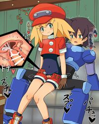 1boy 1girls blonde_hair blush breasts brown_hair censored clothed_sex clothing cum cum_in_pussy cum_in_uterus cum_inside fallopian_tubes female furanshisu green_eyes highres legs_together long_hair male mega_man mega_man_legends mega_man_volnutt ovaries penetration penis pussy rock_volnutt rockman roll_caskett sex short shorts_down small_breasts text_focus torn_clothes uterus vaginal_penetration x-ray