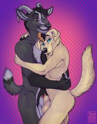 anthro asmos_(character) balls black_fur black_hair black_nose blue_eyes body_hair bovid brown_eyes canid canine canis caprine chest_hair curved_horn domestic_dog ear_piercing fur goat golden_retriever hair happy_trail horn hug kadohusky male mammal nude penis piercing poking_out sheathed yaoi yellow_fur