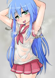 1girls :3 armpit armpit_fetish armpit_peek armpit_stubble armpits arms_behind_head beauty_mark blue_hair blush breasts clothed clothing female female_only green_eyes gyunyu_saemon konata_izumi looking_at_viewer lucky_star mole mole_under_eye nipples nipples_visible_through_clothing open_mouth presenting_armpit school_uniform see-through simple_background skirt small_breasts smile solo solo_focus steam sweat sweat_stain sweaty_armpits wet wet_clothes wet_shirt