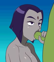 1boy 1girls animated beast_boy dc dc_comics duo edit fellatio female forehead_jewel green_skin grey_skin hair male oral penis purple_eyes purple_hair rachel_roth raven_(dc) saliva short_hair straight teen_titans zelamir