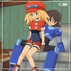 1boy animated blonde_hair brown_hair female furanshisu green_eyes mega_man mega_man_legends pussy rock_volnutt rockman roll_caskett sex