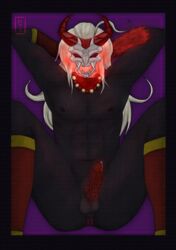 abs anus blood_moon_series blood_moon_thresh cum dark_skin demon glowing glowing_anus glowing_eyes glowing_penis horn league_of_legends long_hair male male_only mask monster solo_male spread_legs thresh white_hair