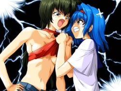 2girls angry anime_style asgaldh asgaldh_the_distortion_testament blue_eyes blue_hair breasts catfight clothed clothed_female f-force female female_only fight game_cg green_hair light-skinned_female lightning long_hair multiple_girls nipple_bulge olive_eyes short_hair white_shirt