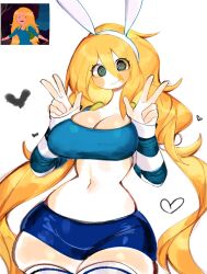 1girls @_@ adventure_time big_breasts blonde_hair blush breasts bunny_ears cartoon_network cleavage double_peace_sign double_v female female_only fionna_the_human_girl green_eyes heart long_hair medium_breasts midriff navel peace_sign reference_image shiny_hair shiny_skin short_shorts spiral_eyes thick_thighs thighhighs thighs usa37107692 very_long_hair wide_hips