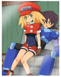 1boy blonde_hair breasts brown_hair clothed_sex female furanshisu green_eyes highres mega_man mega_man_legends mega_man_volnutt pussy rock_volnutt rockman roll_caskett sex small_breasts