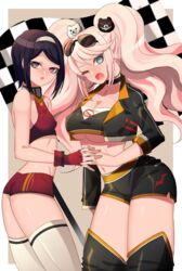 2girls big_breasts black_hair blonde_hair blue_eyes blush boots clothed danganronpa erect_nipples female female_only freckles glasses glasses_on_head gloves gyaru hairpin junko_enoshima ks mukuro_ikusaba open_mouth purple_eyes red_nails short_hair shorts sister straight_hair twintails wink