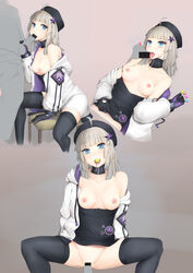 1boy aa-12_(girls'_frontline) absurdres ahoge areolae arm_support bags_under_eyes bangs bar_censor black_choker black_gloves black_hat black_legwear black_shirt blue_eyes blunt_bangs bottomless breasts candy censored chair choker collarbone cum cum_in_mouth cum_in_pussy cum_on_body cum_on_breasts cum_on_upper_body disembodied_penis drawstring eyebrows_visible_through_hair fellatio female food girls'_frontline gloves grey_hair hair_ornament hat heart highres hood hooded_jacket jacket lollipop long_sleeves looking_at_viewer lying medium_breasts multiple_views nipples no_bra no_panties off_shoulder on_back open_clothes open_jacket open_mouth oral penis ribbed_shirt scwibbles sex shirt shirt_pull sitting spread_legs star star_hair_ornament straight thighhighs tongue tongue_out vaginal_penetration white_jacket zipper zipper_pull_tab