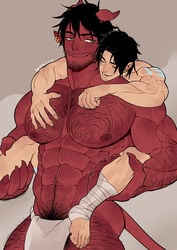 2boys abs affection bandage bandaged_leg bara bara_tits barely_clothed big_pecs black_hair body_hair busty chest_hair claws closed_eyes cuddling cute demon dilf dom ear_piercing earrings erect_nipples facial_hair fundoshi gay glowing_markings gold_earrings golden_earrings grabbing_leg grabbing_legs hairy hairy_arms hairy_chest hairy_legs hairy_male hand_on_leg horns hug huge_pecs hugging hugging_from_behind human incubus light-skinned_male light_skin loincloth looking_at_partner male male/male male_focus male_on_male male_only mature mature_male muscle muscles muscular muscular_male nipple_holes nipple_slits nipples pecs pectorals piggyback pointy_ears pubic_hair red_body red_skin revealing_clothes s-13 size_difference smile stubble suyohara tail the_devil_and_s-13 thick_thighs treasure_trail twitter_user_oc underwear underwear_only white_underwear yaoi yellow_eyes